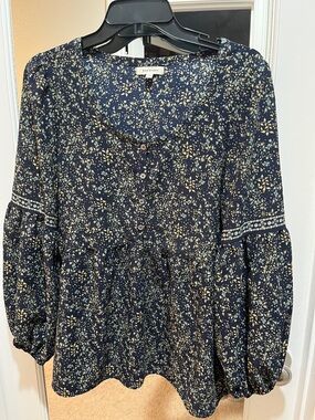 Max Studio Navy Floral Button-Front Peasant Blouse Long Sleeve Size L
